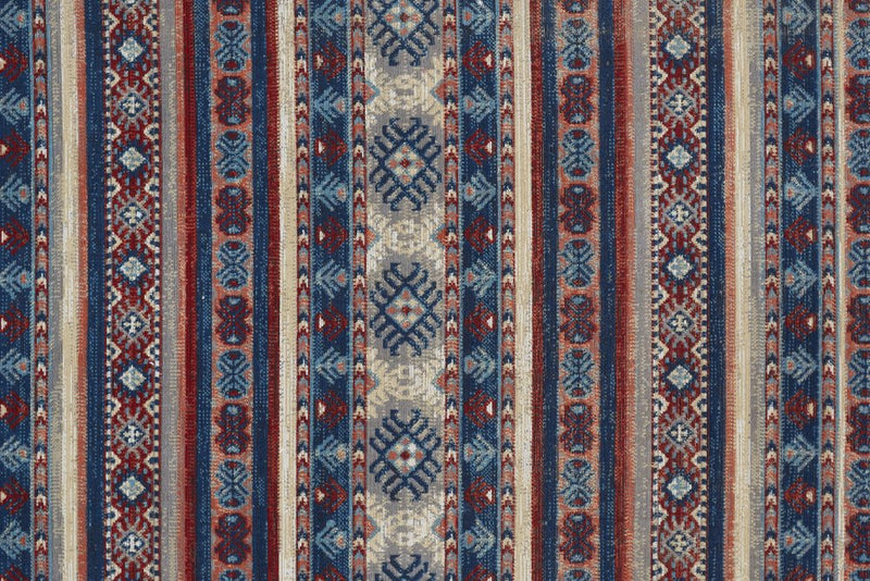 13' X 15' Blue Red And Ivory Geometric Distressed Area Rug