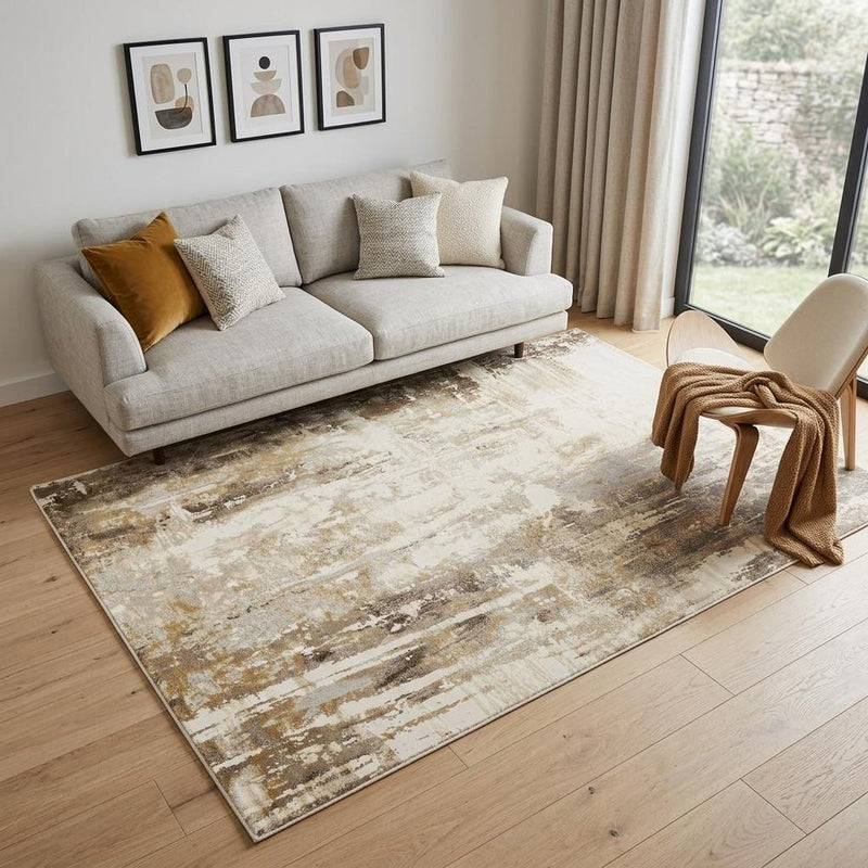 9' X 12' Tan Ivory And Gray Abstract Area Rug