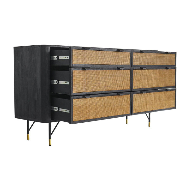 61" Black And Natural Solid Wood And Rattan Six Drawer Double Dresser
