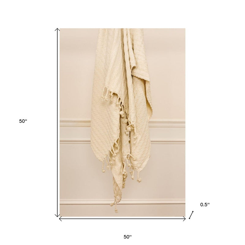 Ivory Knitted 100% Cotton Throw Blanket