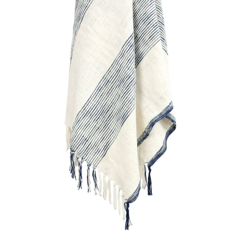 50" X 60" Blue And Ivory Cotton Woven Striped Throw Blanket with Fringe