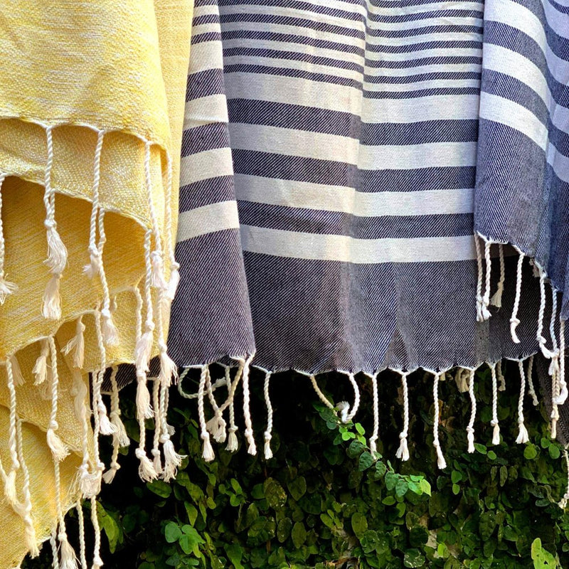 59" X 71" Blue and White Cotton Plain Weave Striped Throw Blanket with Tassels