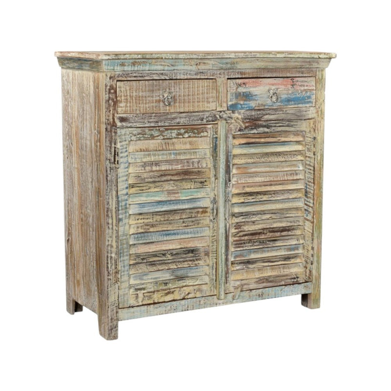 44" White Distressed Reclaimed Wood Shutter Style Two Drawer Sideboard With Two Doors