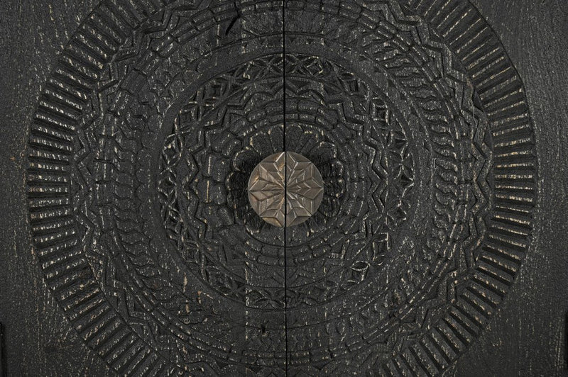 95" Black Distressed Solid Wood Carved Geometric Sideboard with Six Doors