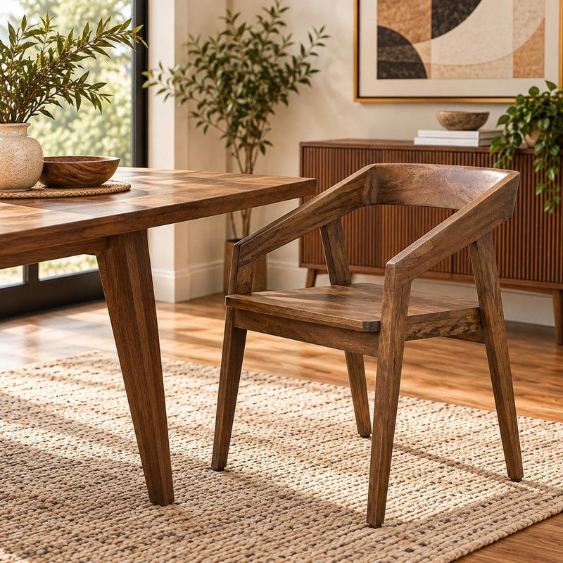 Dark Brown Solid Wood Open Back Dining Arm Chair