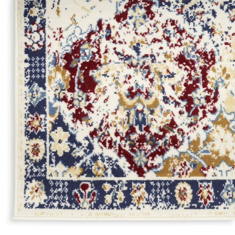 8' Navy Blue Damask Power Loom Distressed Runner Rug