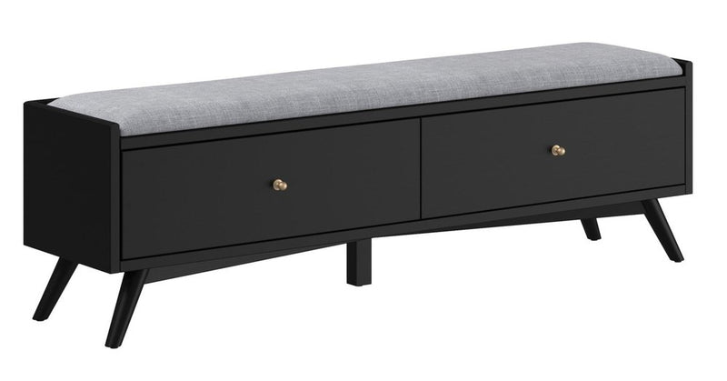 59" Gray And Black Fabric And Solid Wood Upholstered Storage Bench With Drawers