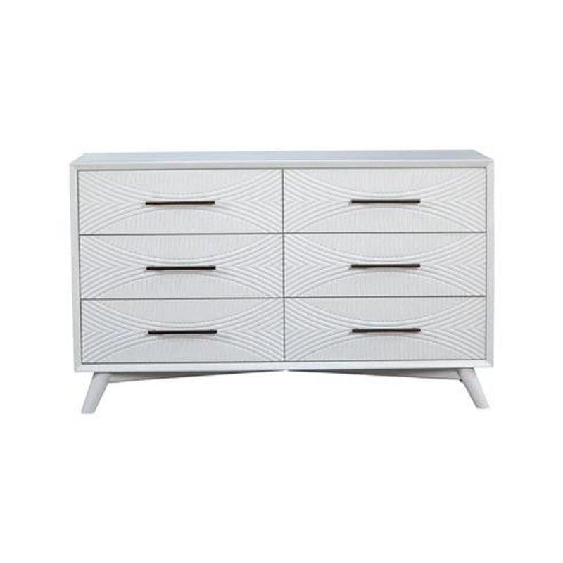 56" White Carved Geometric Solid Wood Six Drawer Double Dresser