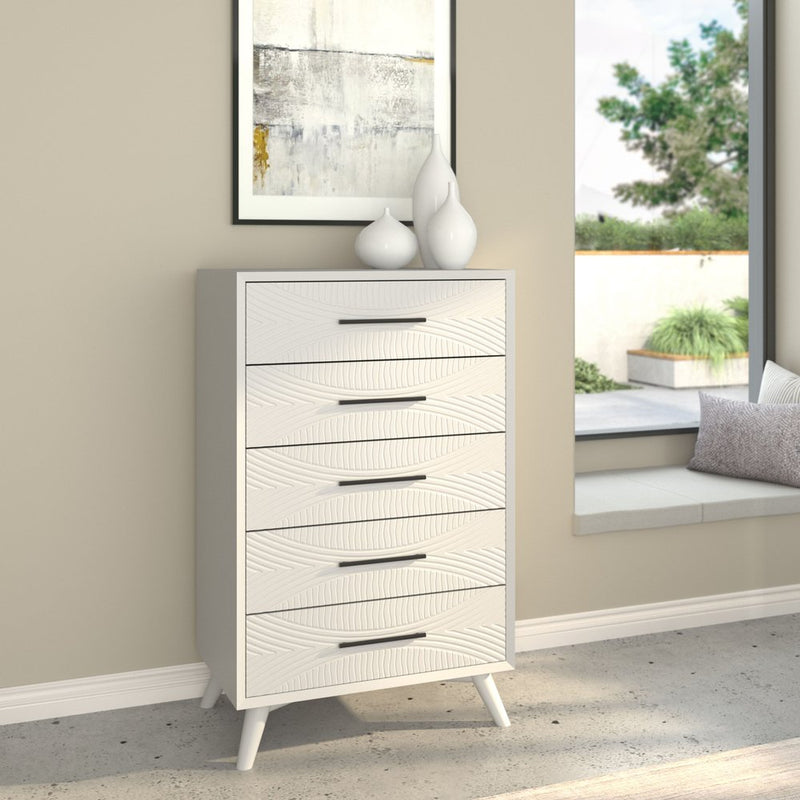 34" White Carved Geometric Solid Wood Five Drawer Dresser