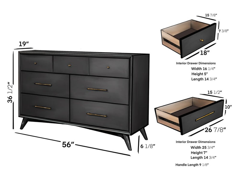 56" Brown Solid Wood Seven Drawer Double Dresser