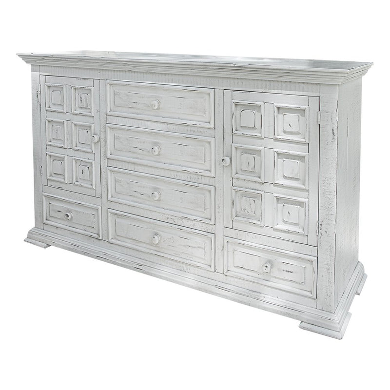 43" White Raised Panel Solid Wood Two Door Six Drawer Combo Dresser