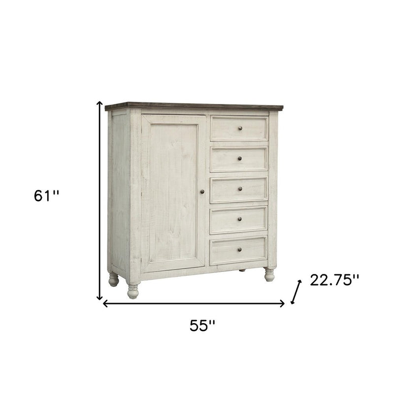 55" Gray And Ivory Solid Wood Five Drawer Gentlemens Chest