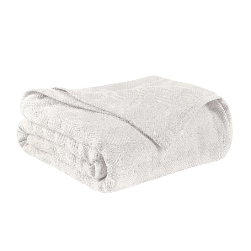 Queen White Cotton Basketweave Geometric Blanket