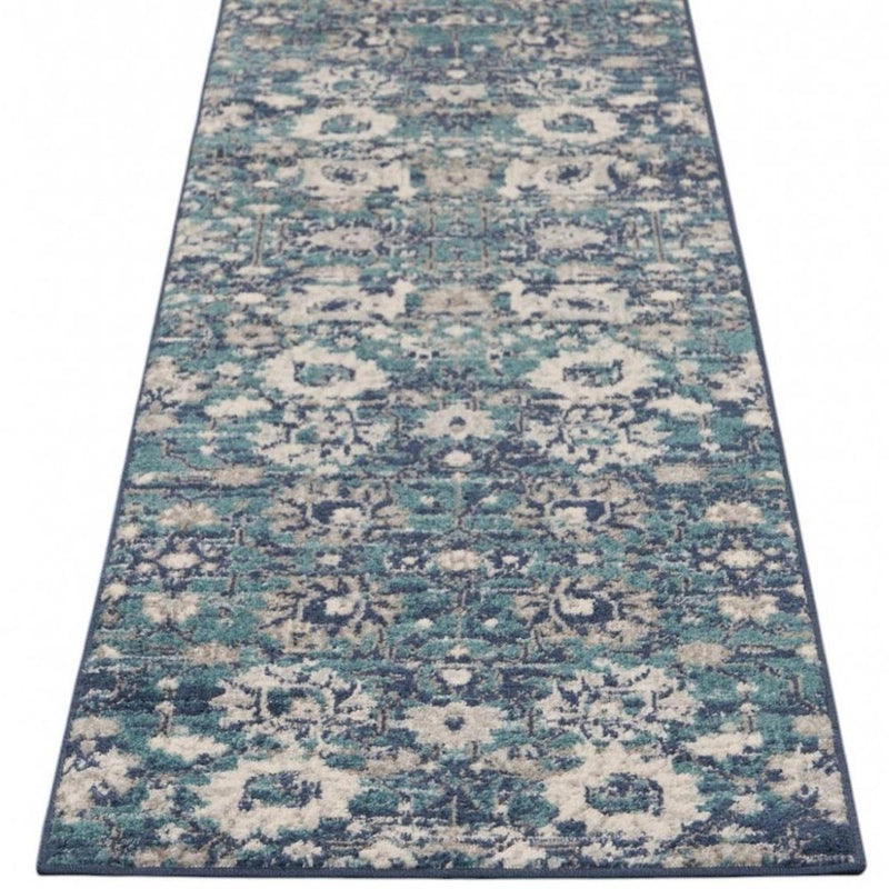 10' Blue And Ivory Floral Distressed Runner Rug