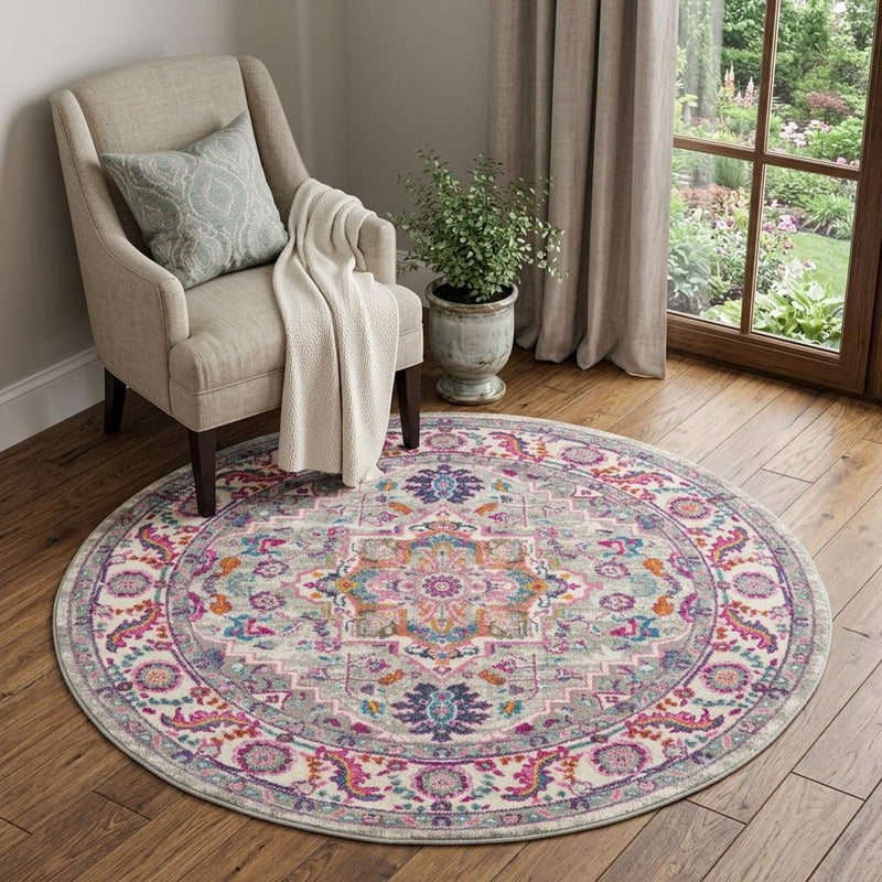 4' Gray Round Floral Power Loom Area Rug