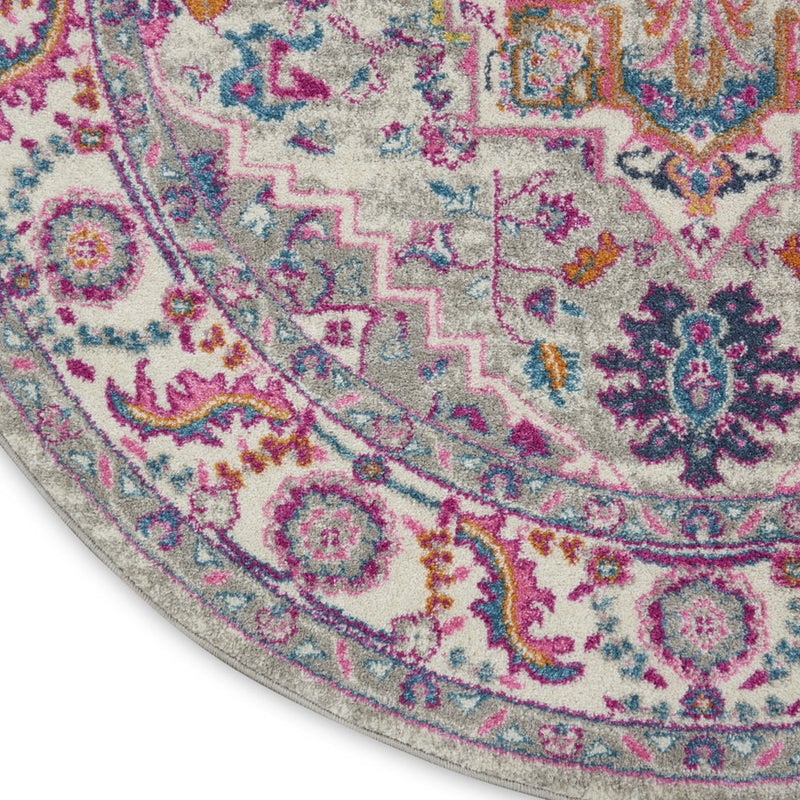 4' Gray Round Floral Power Loom Area Rug
