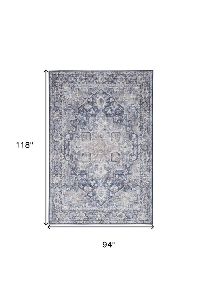 5' X 7' Blue And Pink Floral Power Loom Distressed Washable Area Rug