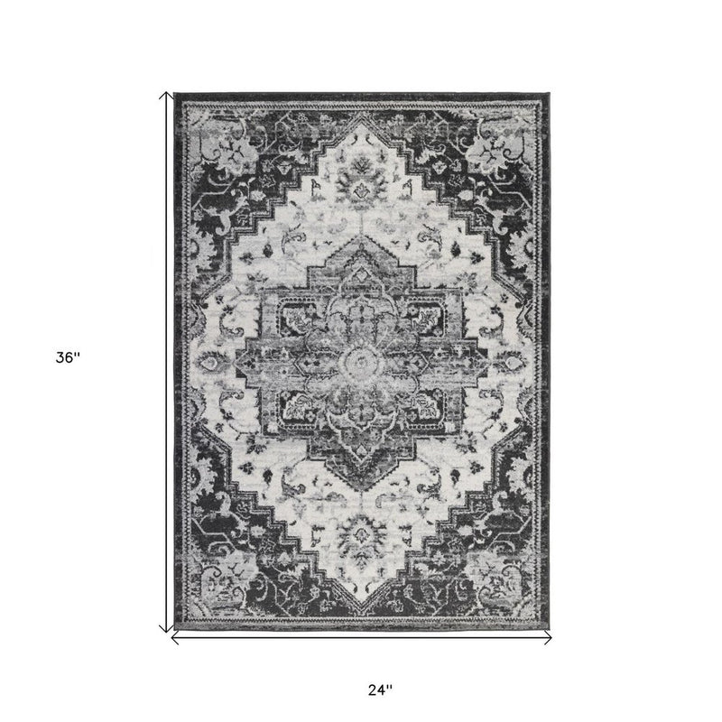 2' X 3' Ivory Black And Gray Medallion Area Rug