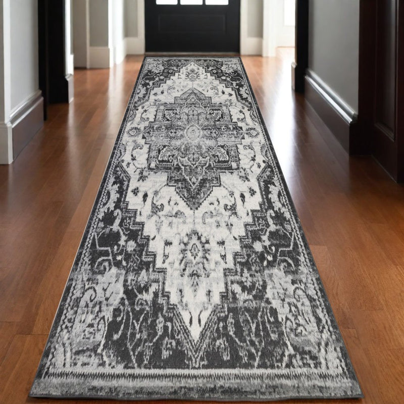 2' X 3' Ivory Black And Gray Medallion Area Rug