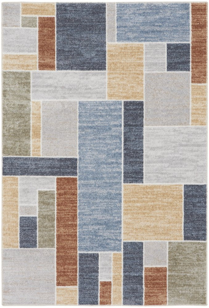 3' X 5' Blue Brown And Tan Geometric Washable Area Rug
