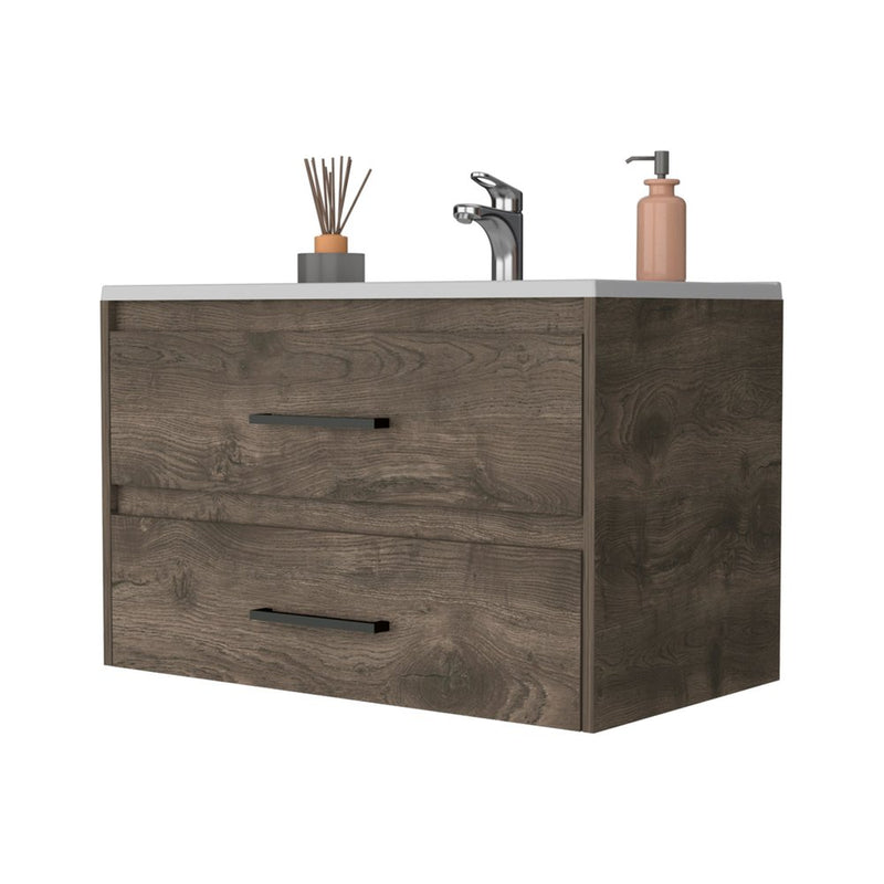 32" Dark Brown And White Wood Wall Mounted Bathroom Cabinet