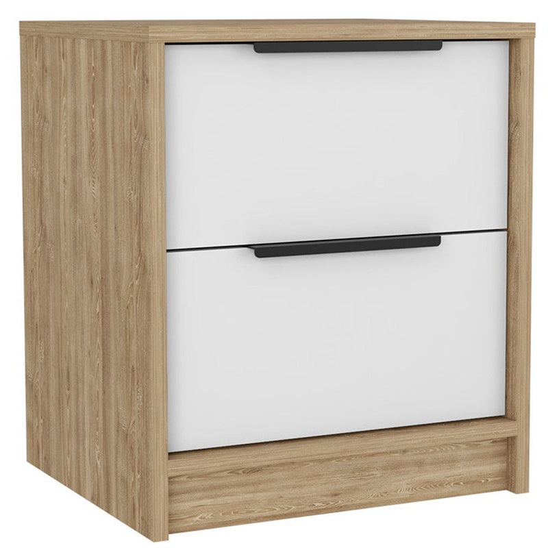 19" Natural And White Wood Two Drawer Nightstand
