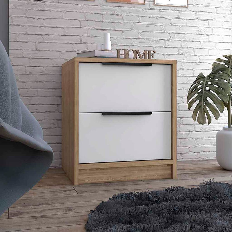 19" Natural And White Wood Two Drawer Nightstand