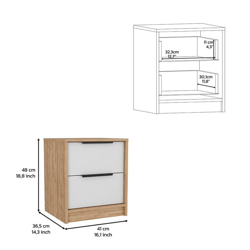 19" Natural And White Wood Two Drawer Nightstand