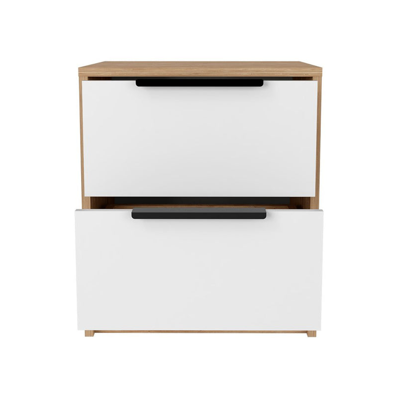 19" Natural And White Wood Two Drawer Nightstand