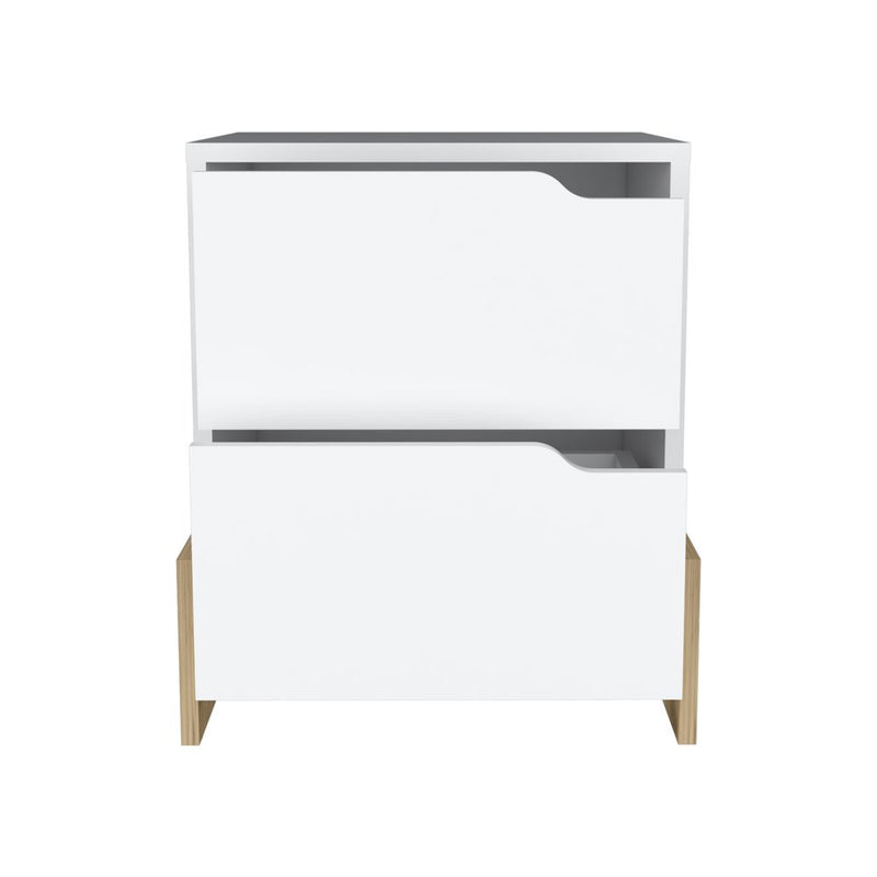 20" White And Natural Wood Two Drawer Nightstand