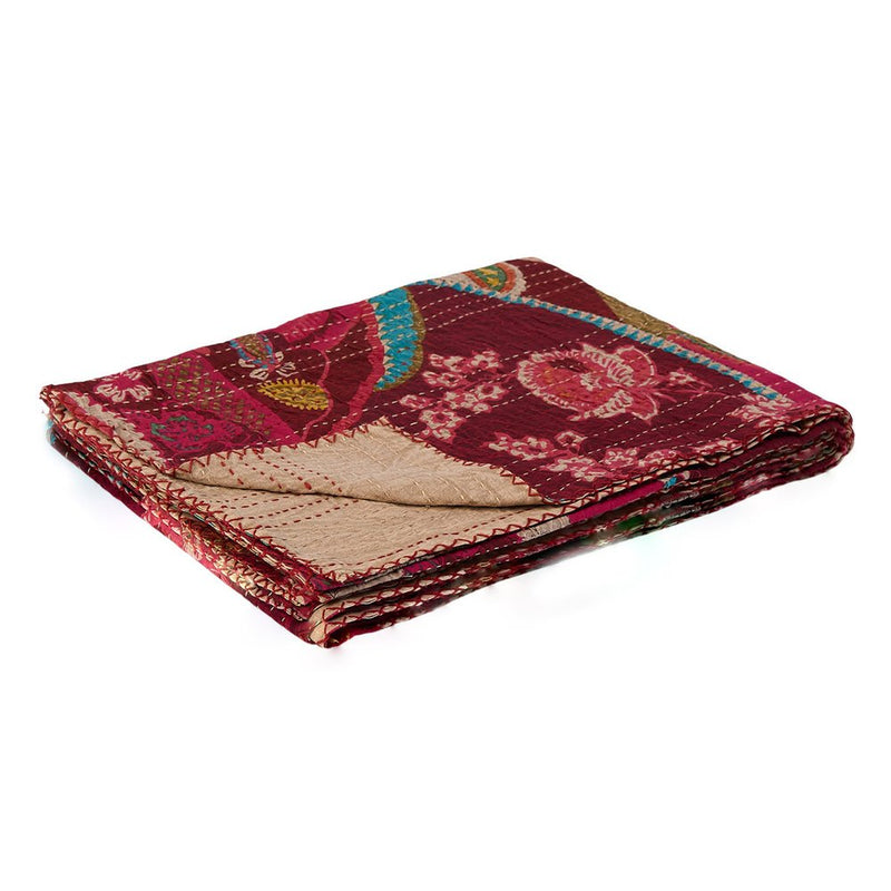 50" X 70" Red Floral Cotton Quilted Kantha Throw Blanket with Embroidery