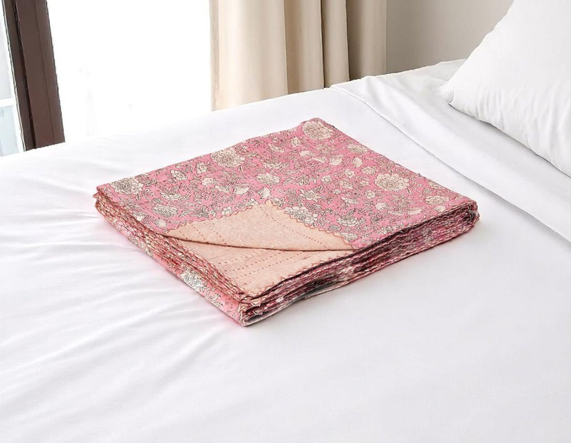 50" X 70" Pink And Blush Floral Cotton Quilted Kantha Throw Blanket with Embroidery