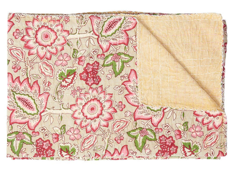 50" X 70" Pink And Blush Floral Cotton Quilted Kantha Throw Blanket with Embroidery