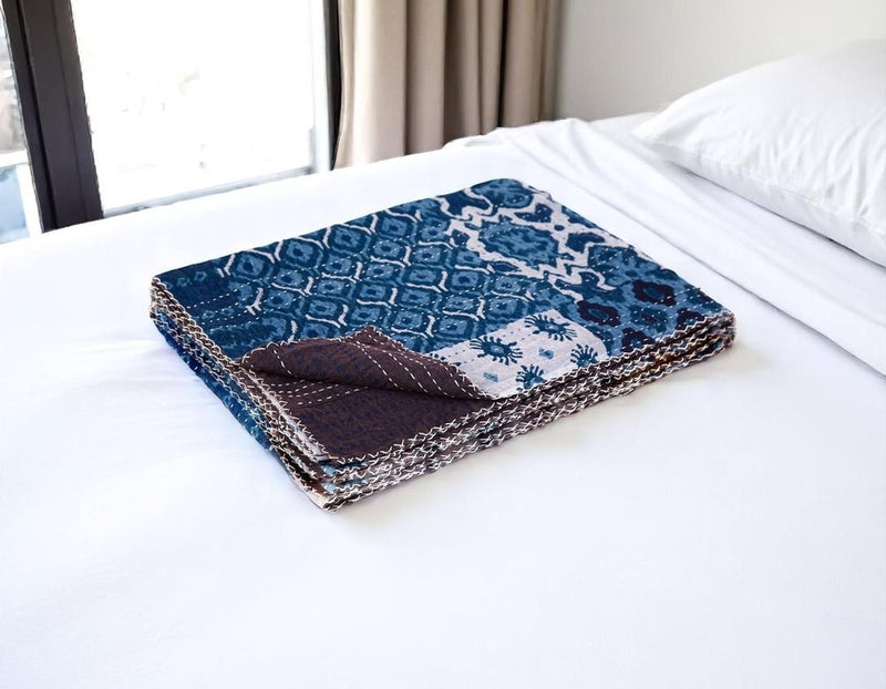 50" X 70" Blue And Pink Floral Cotton Quilted Kantha Throw Blanket with Embroidery