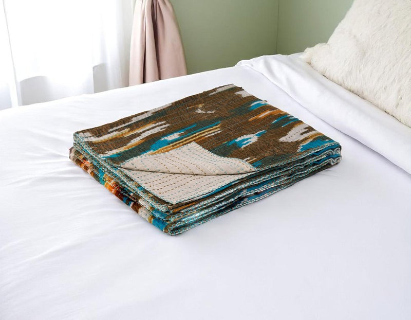 50" X 70" Brown And Blue Ikat Cotton Quilted Kantha Throw Blanket with Embroidery