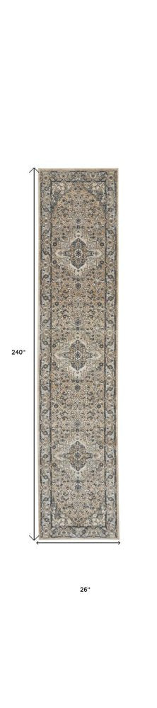 16' Beige And Gray Medallion Distressed Runner Rug