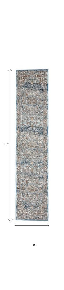 10' Ivory And Blue Floral Distressed Runner Rug