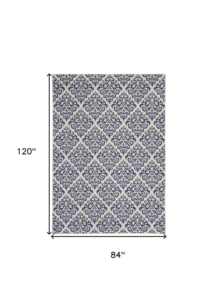 6' X 9' Blue and White Damask Power Loom Area Rug