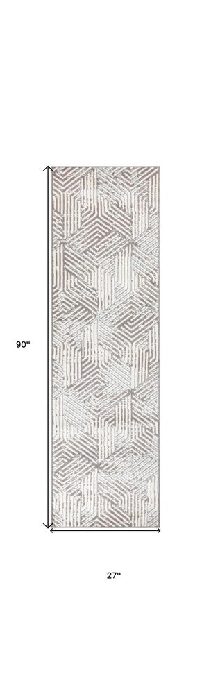 8' Gray And Ivory Geometric Runner Rug