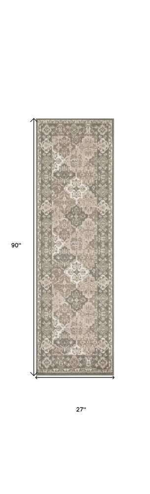 8' Green And Ivory Medallion Distressed Runner Rug