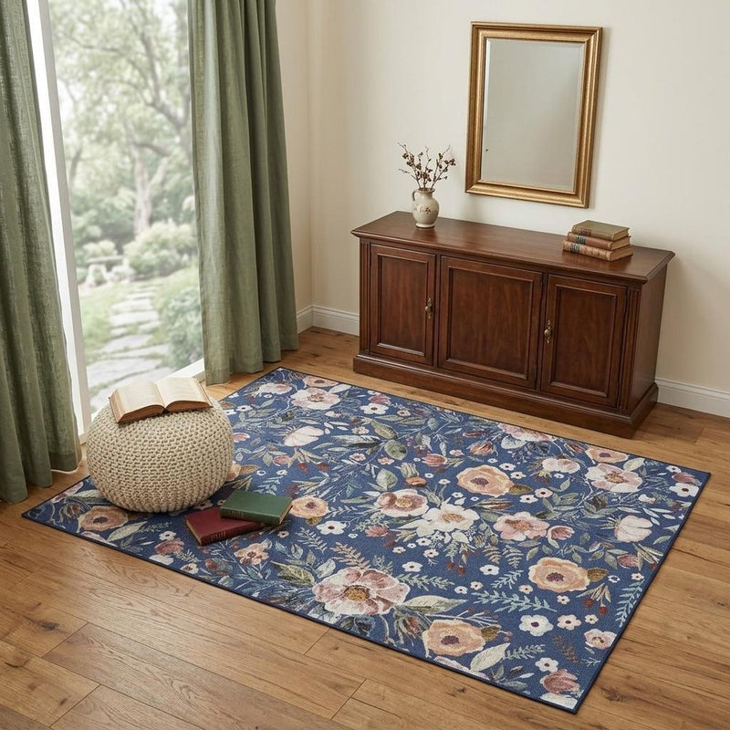 4' X 6' Blue and Pink Floral Power Loom Non Skid Area Rug