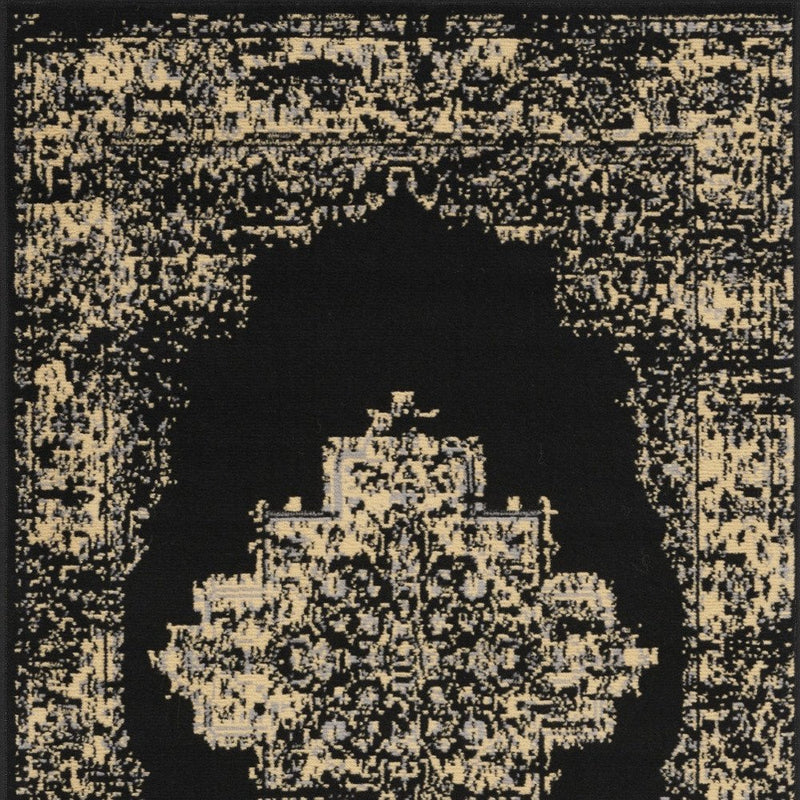 5' Tan and Black Medallion Distressed Non Skid Round Rug