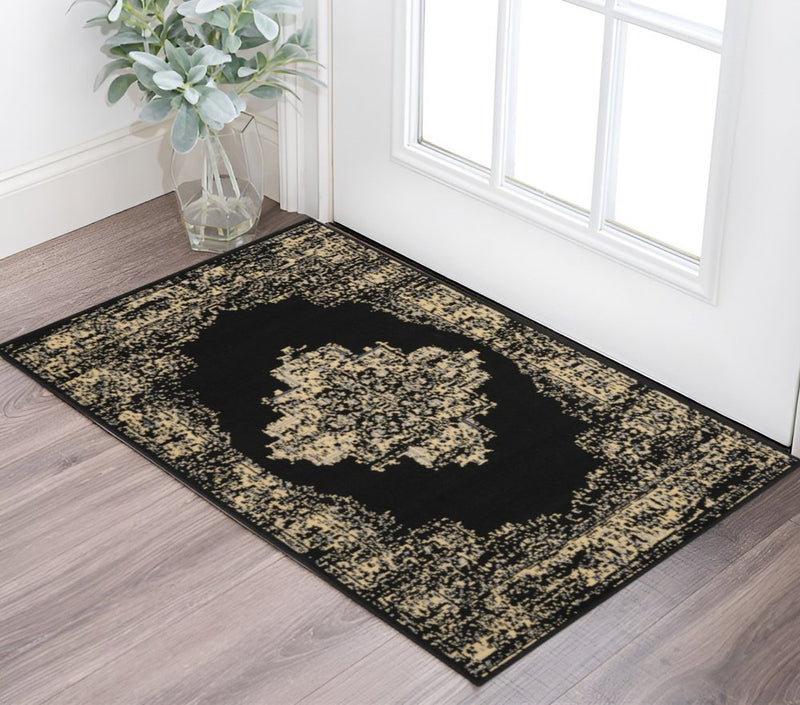 5' Tan and Black Medallion Distressed Non Skid Round Rug