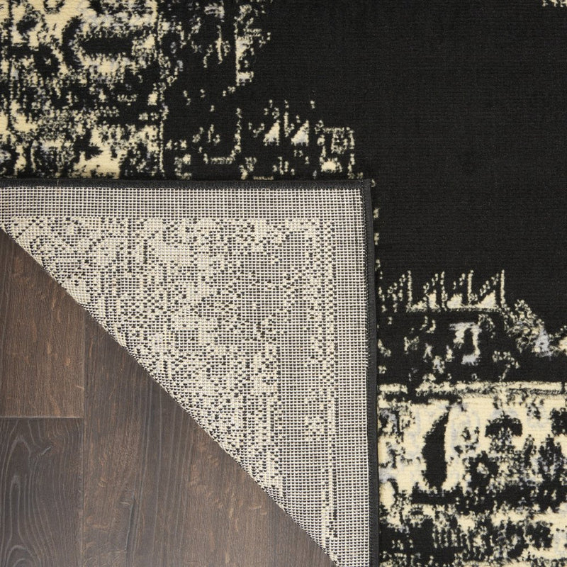 5' Tan and Black Medallion Distressed Non Skid Round Rug