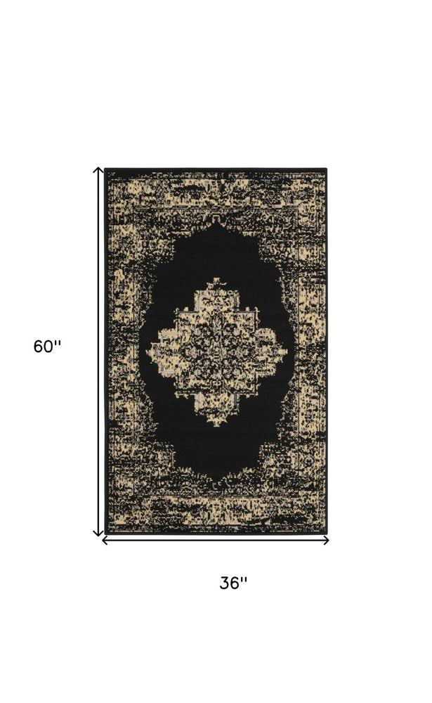 5' Tan and Black Medallion Distressed Non Skid Round Rug