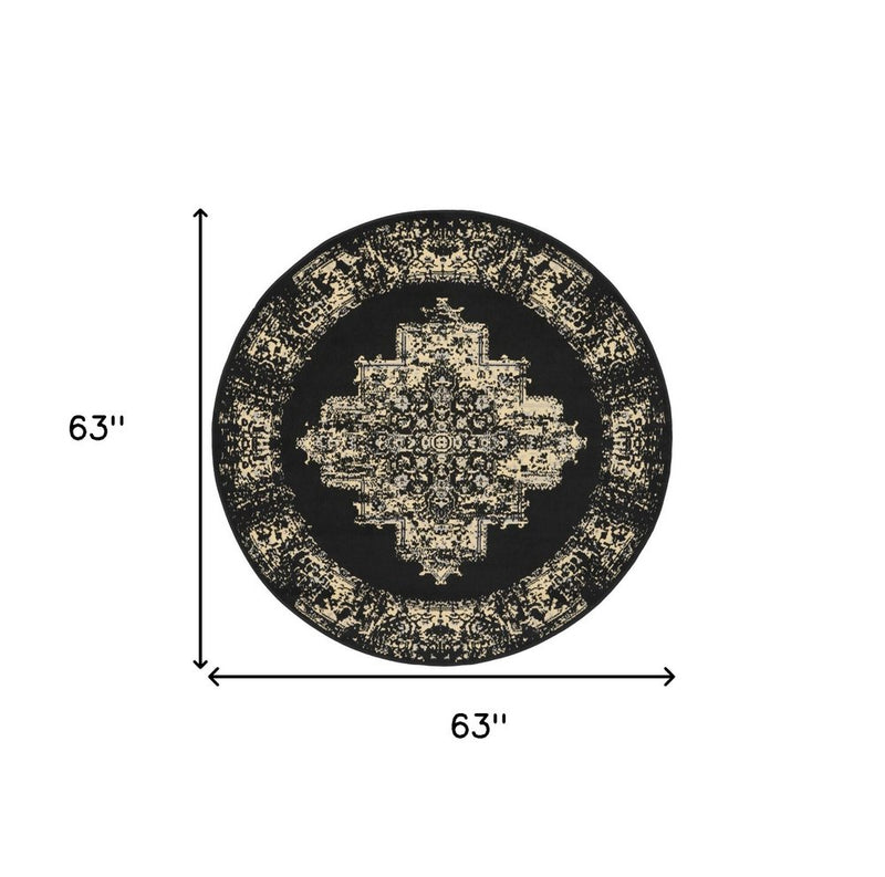 5' Tan and Black Medallion Distressed Non Skid Round Rug