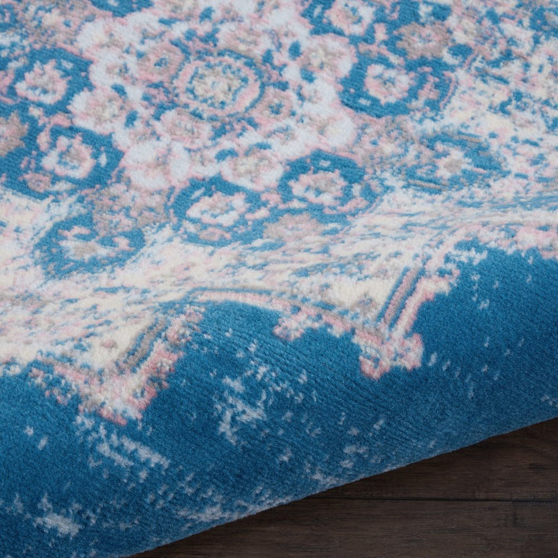 5' Blue And Ivory Medallion Distressed Round Rug