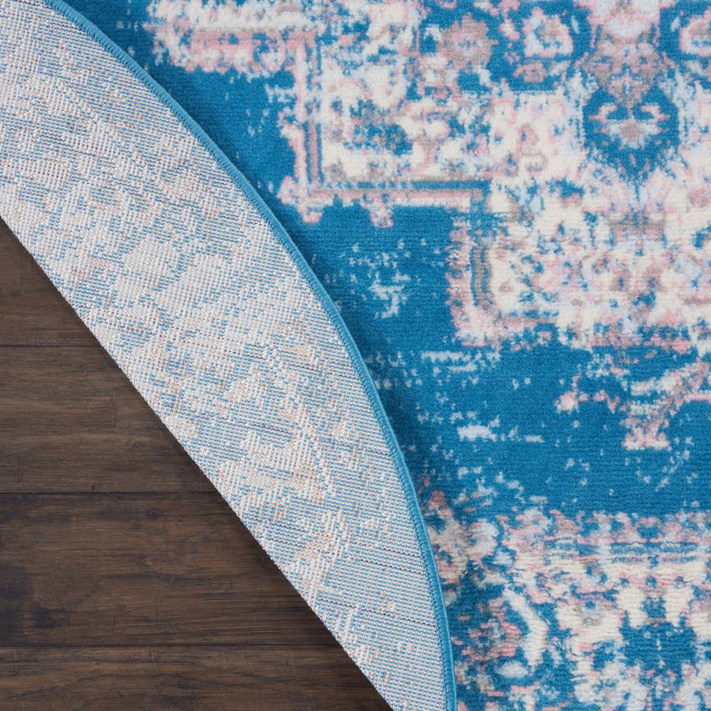 5' Blue And Ivory Medallion Distressed Round Rug