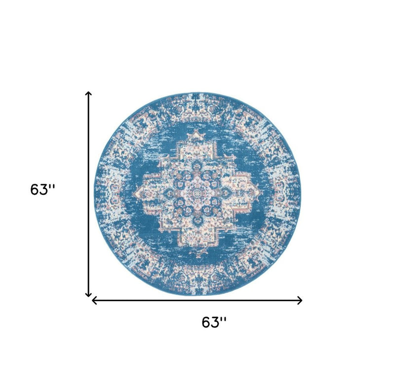 5' Blue And Ivory Medallion Distressed Round Rug