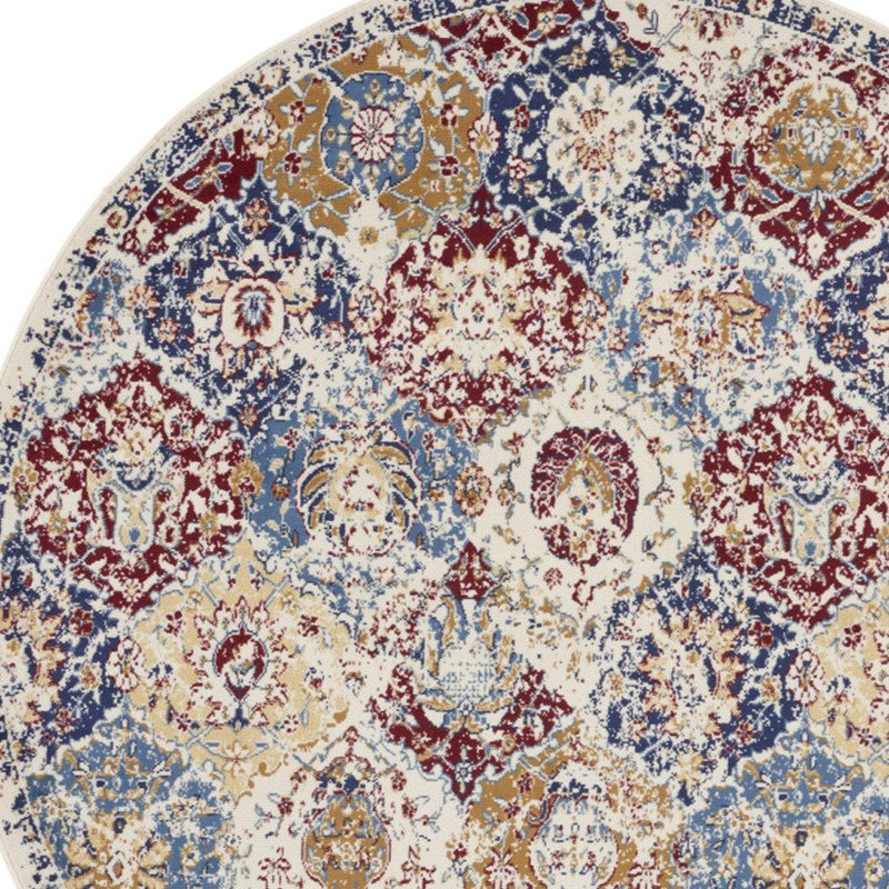 5' Ivory Red and Blue Ogee Distressed Non Skid Round Rug